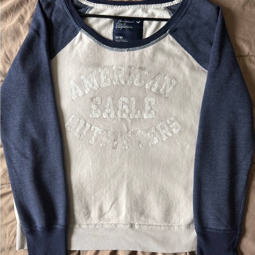 American Eagle Outfitters Navy and Cream Crew Neck Sweater